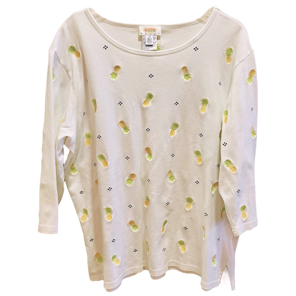 Talbots Vintage Pineapple Embroidered White 3/4 Sleeve Top 2X